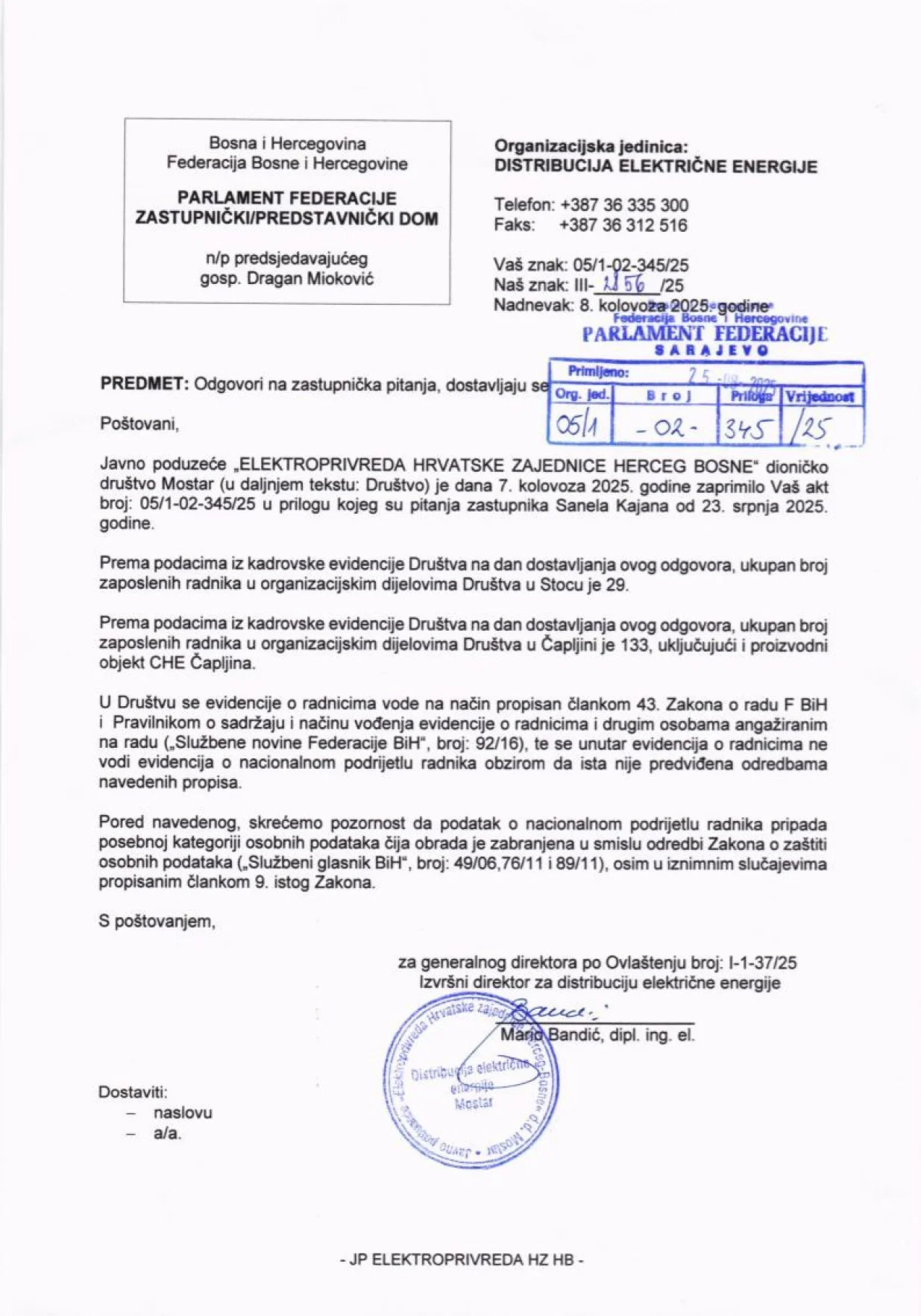 Odgovor Elektroprivrede HZHB/