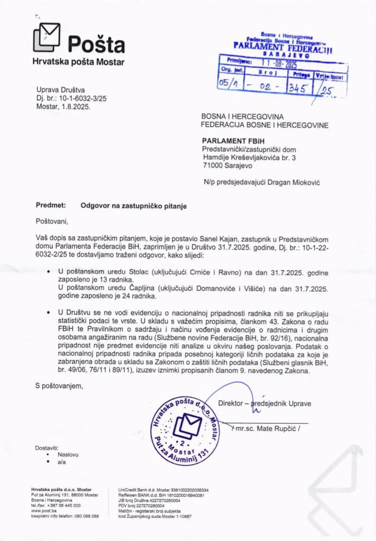 Odgovor Hrvatskih pošta Mostar/