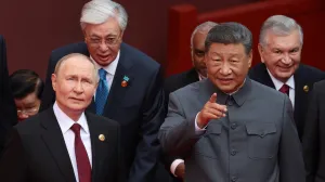 Russian President Vladimir Putin, Kazakh President Kassym-Jomart Tokayev, Chinese President Xi Jinping and Uzbek President Shavkat Mirziyoyev arrive for a military parade marking the 80th anniversary of the end of World War Two, in Beijing, China September 3, 2025. Sputnik/Alexander Kazakov/Pool via REUTERS ATTENTION EDITORS - THIS IMAGE WAS PROVIDED BY A THIRD PARTY./Alexander Kazakov