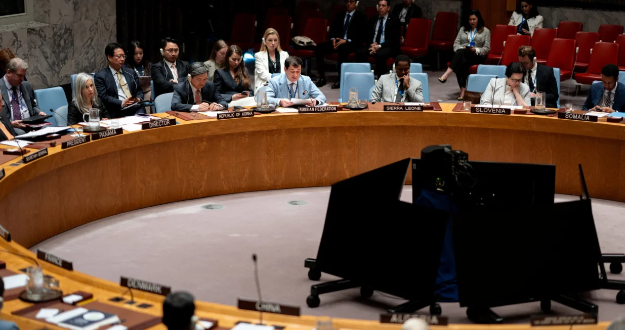 Russian Federation's Deputy Ambassador to the United Nations Dmitry Polyanskiy addresses a meeting of the United Nations Security Council on the maintenance of peace and security in Ukraine, at U.N. Headquarters in New York City, U.S., August 29, 2025. REUTERS/Angelina Katsanis/Angelina Katsanis