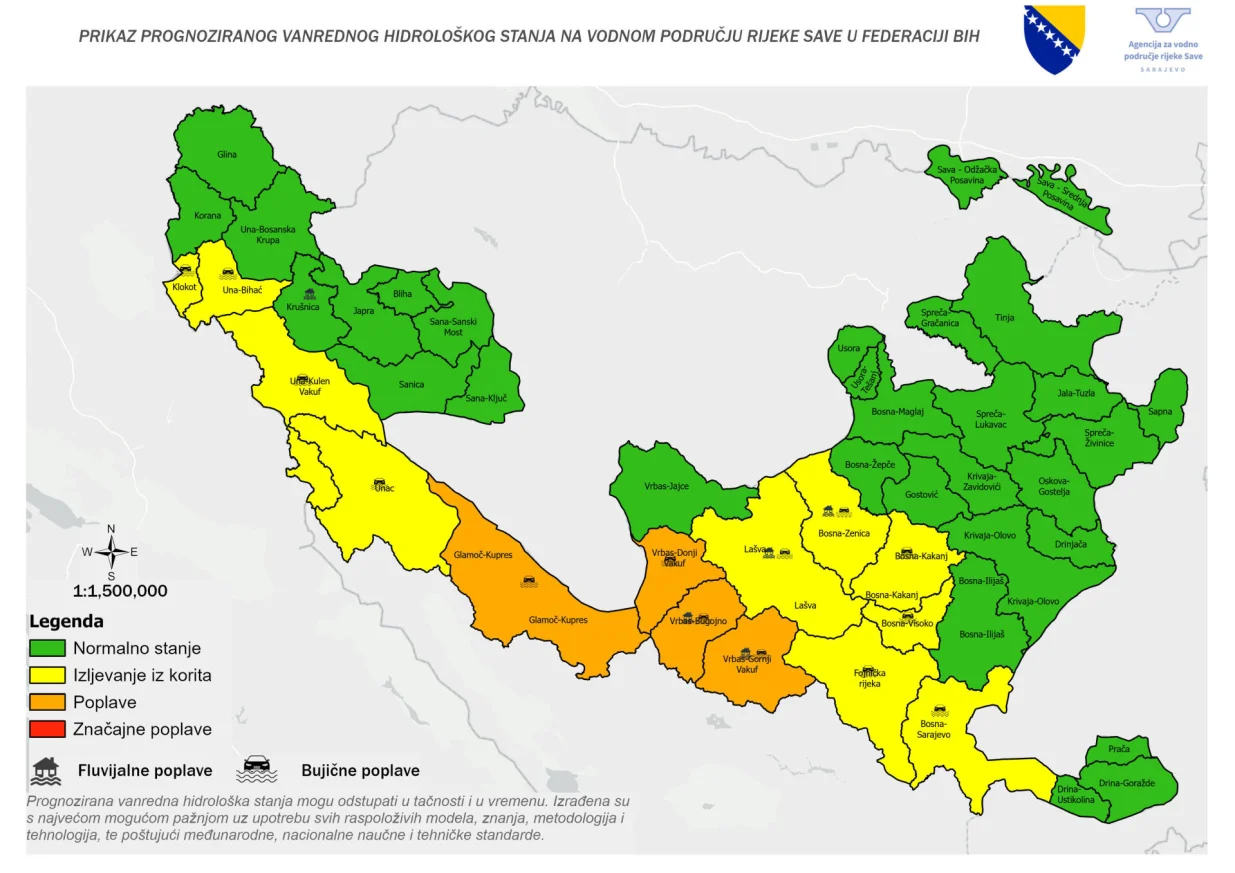 Karta prikazuje područje vanrednog hidrološkog stanja - 10.09.-12.09./Agencija Za Vodno Područje Rijeke Save