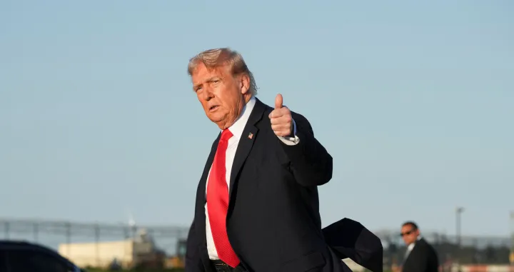 U.S. President Donald Trump gestures as he arrives at LaGuardia Airport in New York, U.S., September 11, 2025. REUTERS/Ken Cedeno/Ken Cedeno