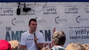 A screengrab from a social media video shows U.S. right-wing activist, commentator, Charlie Kirk, an ally of U.S. President Donald Trump speaking during an event at Utah Valley University, moments before being fatally shot, in Orem, Utah, U.S., September 10, 2025. Kevin/via REUTERS THIS IMAGE HAS BEEN SUPPLIED BY A THIRD PARTY. MANDATORY CREDIT. NO RESALES. NO ARCHIVES. VERIFICATION: Reuters was able to confirm the location as the building and layout match satellite images and coordinates included in original file metadata. Date was verified by the metadata from files./Kevin