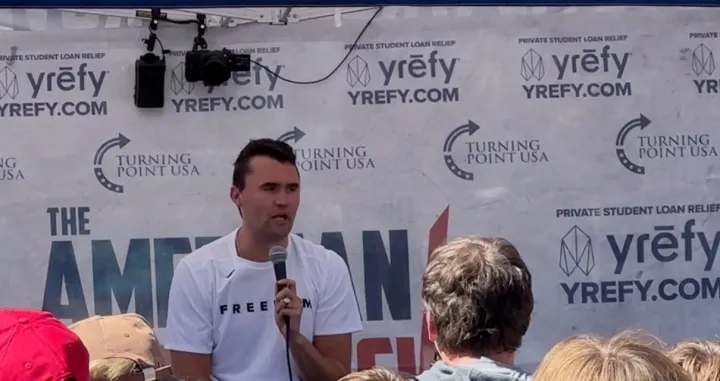 A screengrab from a social media video shows U.S. right-wing activist, commentator, Charlie Kirk, an ally of U.S. President Donald Trump speaking during an event at Utah Valley University, moments before being fatally shot, in Orem, Utah, U.S., September 10, 2025. Kevin/via REUTERS THIS IMAGE HAS BEEN SUPPLIED BY A THIRD PARTY. MANDATORY CREDIT. NO RESALES. NO ARCHIVES. VERIFICATION: Reuters was able to confirm the location as the building and layout match satellite images and coordinates included in original file metadata. Date was verified by the metadata from files./Kevin