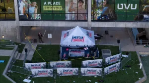 A drone view shows the scene where U.S. right-wing activist, commentator, Charlie Kirk, an ally of U.S. President Donald Trump, was fatally shot during an event at Utah Valley University, in Orem, Utah, U.S. September 11, 2025. REUTERS/Cheney Orr/Cheney Orr