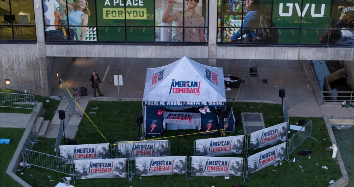 A drone view shows the scene where U.S. right-wing activist, commentator, Charlie Kirk, an ally of U.S. President Donald Trump, was fatally shot during an event at Utah Valley University, in Orem, Utah, U.S. September 11, 2025. REUTERS/Cheney Orr/Cheney Orr