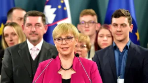 epa10304502 Natasa Pirc Musar, first female president-elect of Slovenia delivers a speech after winning the elections, in Ljubljana, Slovenia, 13 November 2022. Natasa Price Musar celebrate her victory after winning the second round of the Slovenian Presidential Elections 2022. EPA/IGOR KUPLJENIK/Igor Kupljenik