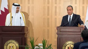Egyptian Foreign Minister Badr Abdelatty and Qatar's Prime Minister and Minister of Foreign Affairs Mohammed bin Abdulrahman bin Jassim Al-Thani attend a press conference before signing bilateral agreements at a ceremony at the Cabinet headquarters at New Alamein City, Egypt August 28, 2025. REUTERS/Sherif Fahmy/Sherrif Fahmy
