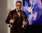 Seth Rogen poses with the Best Actor in a Comedy Series, Best Writing for a Comedy Series, Best Directing for a Comedy Series, and Best Comedy Series awards for "The Studio" at the 77th Primetime Emmy Awards in Los Angeles, California, U.S., September 14, 2025. REUTERS/Daniel Cole/Daniel Cole
