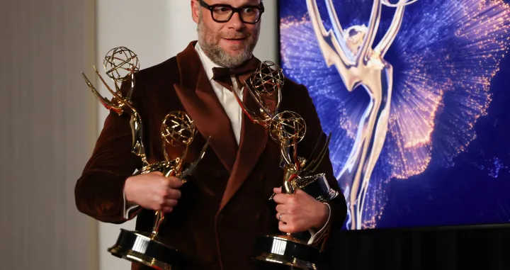 Seth Rogen poses with the Best Actor in a Comedy Series, Best Writing for a Comedy Series, Best Directing for a Comedy Series, and Best Comedy Series awards for "The Studio" at the 77th Primetime Emmy Awards in Los Angeles, California, U.S., September 14, 2025. REUTERS/Daniel Cole/Daniel Cole
