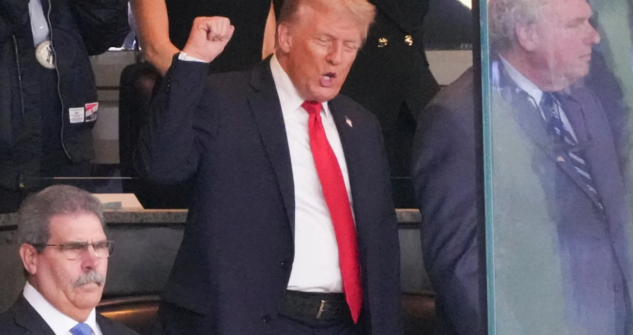 U.S. President Donald Trump gestures as he attends the Yankees Baseball Game at Yankee Stadium in New York City, U.S., September 11, 2025. REUTERS/Ken Cedeno/Ken Cedeno