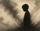 silueta djeteta u pepelu, rat, djeca/Chatgpt