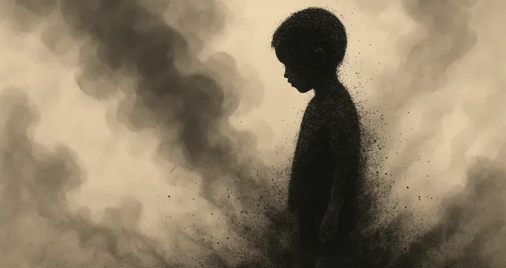 silueta djeteta u pepelu, rat, djeca/Chatgpt