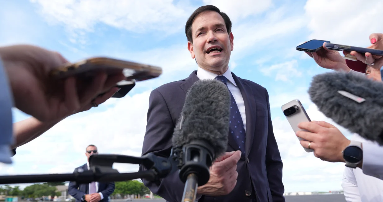 U.S. Secretary of State Marco Rubio speaks to reporters before boarding his plane at Homestead Air Reserve Base in Homestead, Florida, U.S., en route to Mexico City, September 2, 2025. Jacquelyn Martin/Pool via REUTERS/Jacquelyn Martin