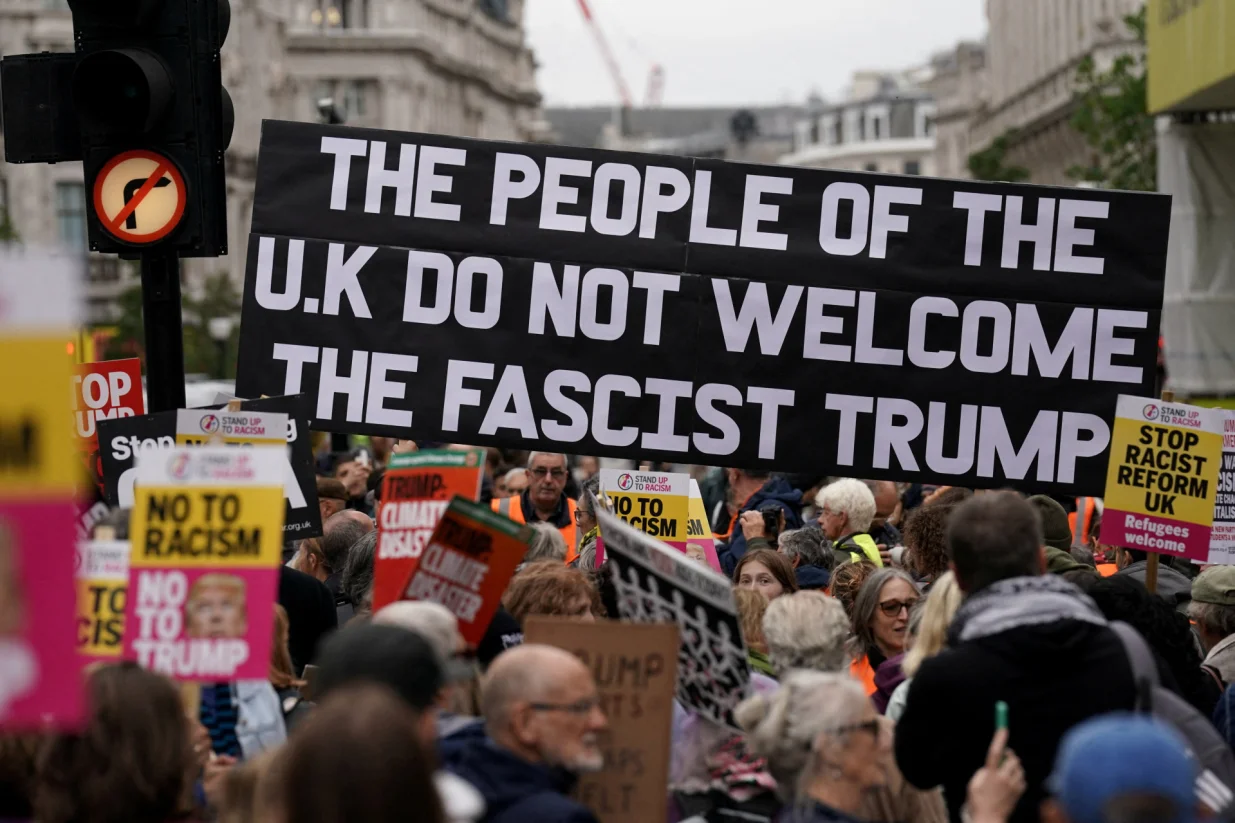 People take part in a 'Trump Not Welcome' protest during the state visit of U.S. President Donald Trump and first lady Melania Trump, in London, Britain, September 17, 2025. REUTERS/Arlyn McAdorey/Arlyn Mcadorey