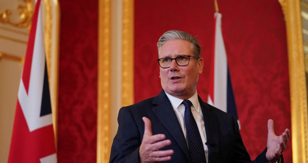 Britain's Prime Minister Keir Starmer speaks as he hosts representatives of the Civil Nuclear industry at a reception at Lancaster House in London, Monday, Sept. 15, 2025 to mark the announcement of a new UK-US partnership on nuclear. Alberto Pezzali/Pool via REUTERS/Alberto Pezzali