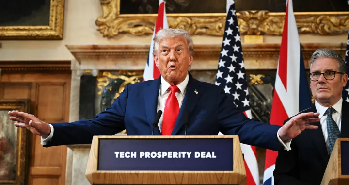 U.S. President Donald Trump talks at a press conference with UK Prime Minister Keir Starmer at Chequers at the conclusion of a state visit on September 18, 2025 in Aylesbury, England. Leon Neal/Pool via REUTERS/Leon Neal