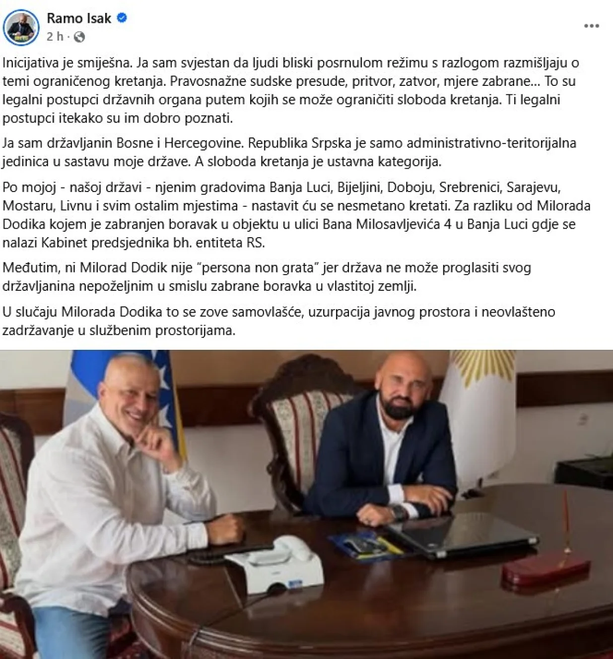 Objava Rame Isaka na Facebooku/Printscreen/