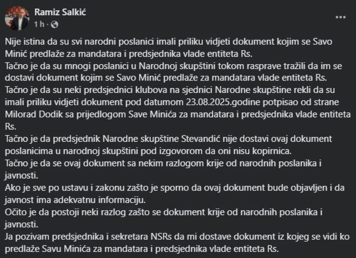 Ramiz Salkić, objava na Facebooku/