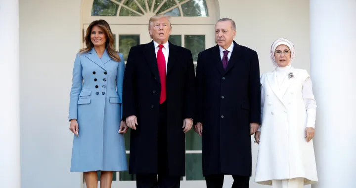 FILE PHOTO: U.S. President Donald Trump and first lady Melania Trump stand with Turkey's Pressident Tayyip Erdogan and Emine Erdogan at the White House in Washington, U.S., November 13, 2019. REUTERS/Tom Brenner/File Photo/Tom Brenner