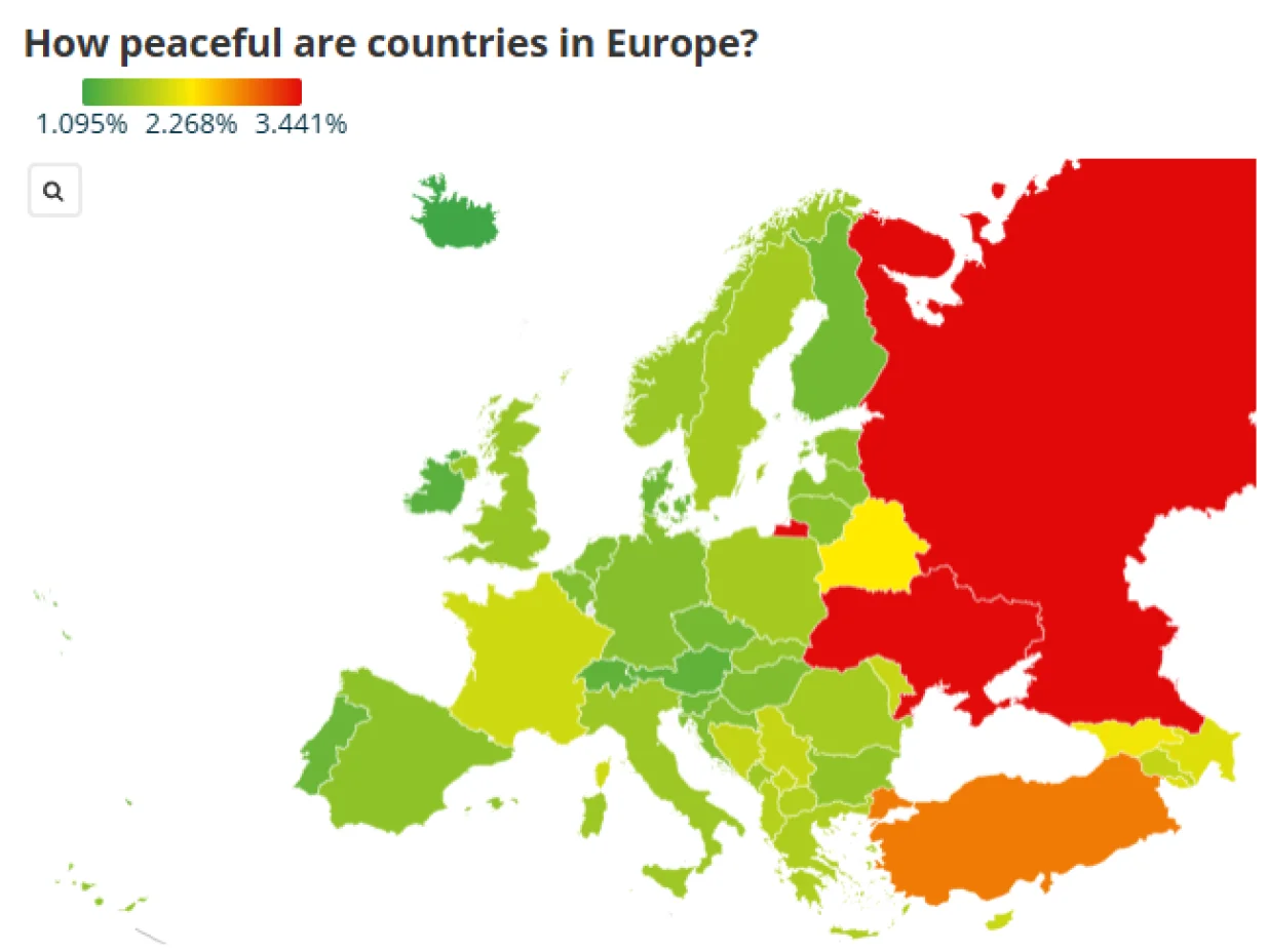 global peace index, eurostat, sigurnost, najsigurnije, evropa, države, mapa/Screenshot