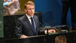 French President Emmanuel Macron addresses delegates during a high-level meeting of heads of state on a two-state solution between Israel and the Palestinians at United Nations headquarters in New York City, U.S., September 22, 2025. REUTERS/Eduardo Munoz/Eduardo Munoz