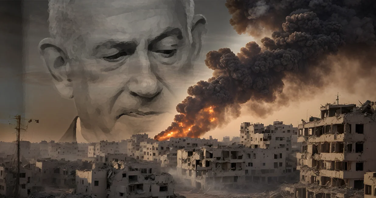 Vizual za kolumnu Adamira Jerkovića, Benjamin Netanyahu, Izrael, Gaza, napad, genocid/Benjamin Krnić