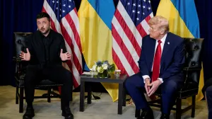 U.S. President Donald Trump meets with Ukrainian President Volodymyr Zelenskiy during the 80th United Nations General Assembly, in New York City, New York, U.S., September 23, 2025. REUTERS/Al Drago/Alexander Drago