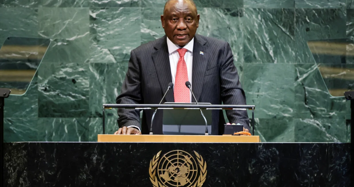 South Africa's President Cyril Ramaphosa addresses the 80th United Nations General Assembly at U.N. headquarters in New York, U.S., September 23, 2025. REUTERS/Eduardo Munoz/Eduardo Munoz