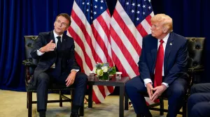 U.S. President Donald Trump meets with French President Emmanuel Macron during the 80th United Nations General Assembly, in New York City, New York, U.S., September 23, 2025. REUTERS/Al Drago/Alexander Drago