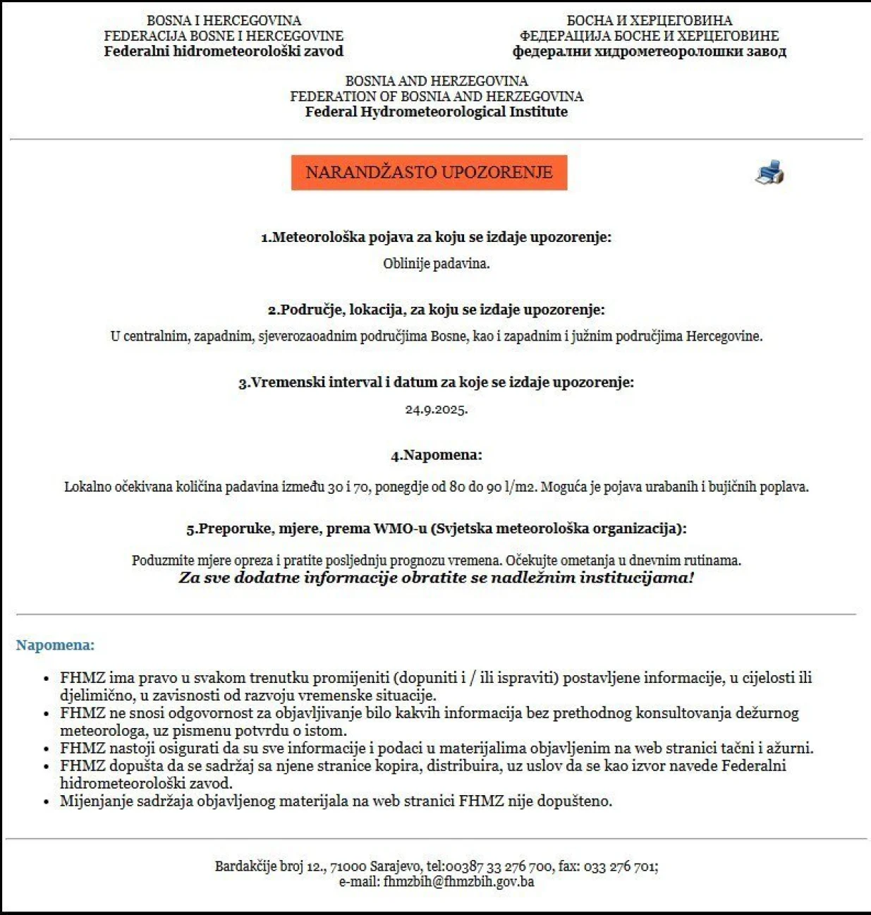 Izdato je narandžasto upozorenje/FHMZ/