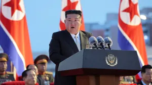 FILE PHOTO: North Korean leader Kim Jong Un speaks during an event to celebrate the 80th anniversary of the country's liberation from Japan's colonial rule, in Pyongyang, North Korea, August 14, 2025, in this picture released by North Korea's official Korean Central News Agency. KCNA via REUTERS ATTENTION EDITORS - THIS IMAGE WAS PROVIDED BY A THIRD PARTY. REUTERS IS UNABLE TO INDEPENDENTLY VERIFY THIS IMAGE. NO THIRD PARTY SALES. SOUTH KOREA OUT. NO COMMERCIAL OR EDITORIAL SALES IN SOUTH KOREA./File Photo/Kcna