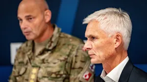 Danish Defence Intelligence Service (FE) Director Thomas Ahrenkiel and Chief of Defence of Denmark General Michael Wiggers Hyldgaard attend during a joint authority press conference at the national police headquarters in Copenhagen, Denmark, September 25, 2025. Ritzau Scanpix/via REUTERS ATTENTION EDITORS - THIS IMAGE WAS PROVIDED BY A THIRD PARTY. DENMARK OUT. NO COMMERCIAL OR EDITORIAL SALES IN DENMARK./Emil Nicolai Helms
