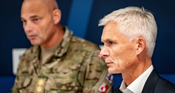 Danish Defence Intelligence Service (FE) Director Thomas Ahrenkiel and Chief of Defence of Denmark General Michael Wiggers Hyldgaard attend during a joint authority press conference at the national police headquarters in Copenhagen, Denmark, September 25, 2025. Ritzau Scanpix/via REUTERS ATTENTION EDITORS - THIS IMAGE WAS PROVIDED BY A THIRD PARTY. DENMARK OUT. NO COMMERCIAL OR EDITORIAL SALES IN DENMARK./Emil Nicolai Helms
