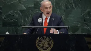 Israeli Prime Minister Benjamin Netanyahu addresses the 80th United Nations General Assembly (UNGA) at U.N. headquarters in New York City, U.S., September 26, 2025. REUTERS/Jeenah Moon/Jeenah Moon