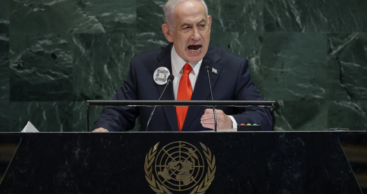 Israeli Prime Minister Benjamin Netanyahu addresses the 80th United Nations General Assembly (UNGA) at U.N. headquarters in New York City, U.S., September 26, 2025. REUTERS/Jeenah Moon/Jeenah Moon
