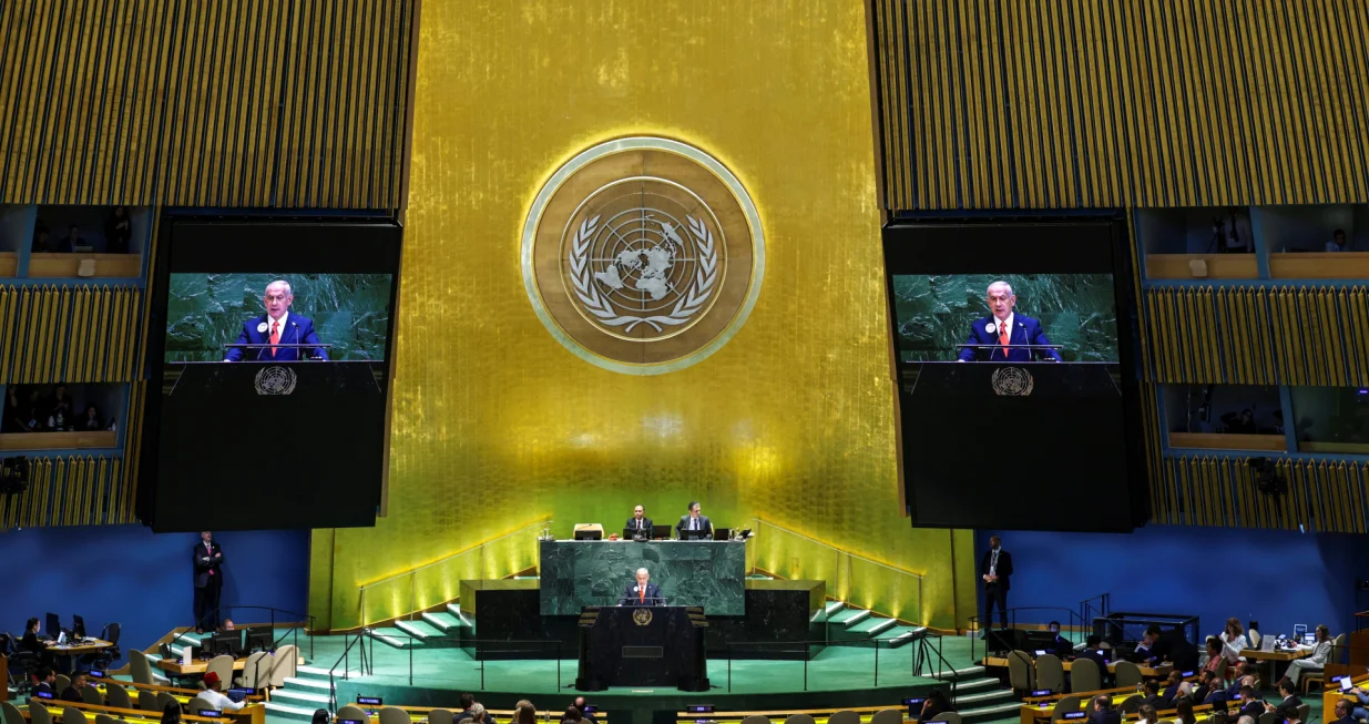 Israeli Prime Minister Benjamin Netanyahu addresses the 80th United Nations General Assembly (UNGA) at U.N. headquarters in New York City, U.S., September 26, 2025. REUTERS/Jeenah Moon/Jeenah Moon