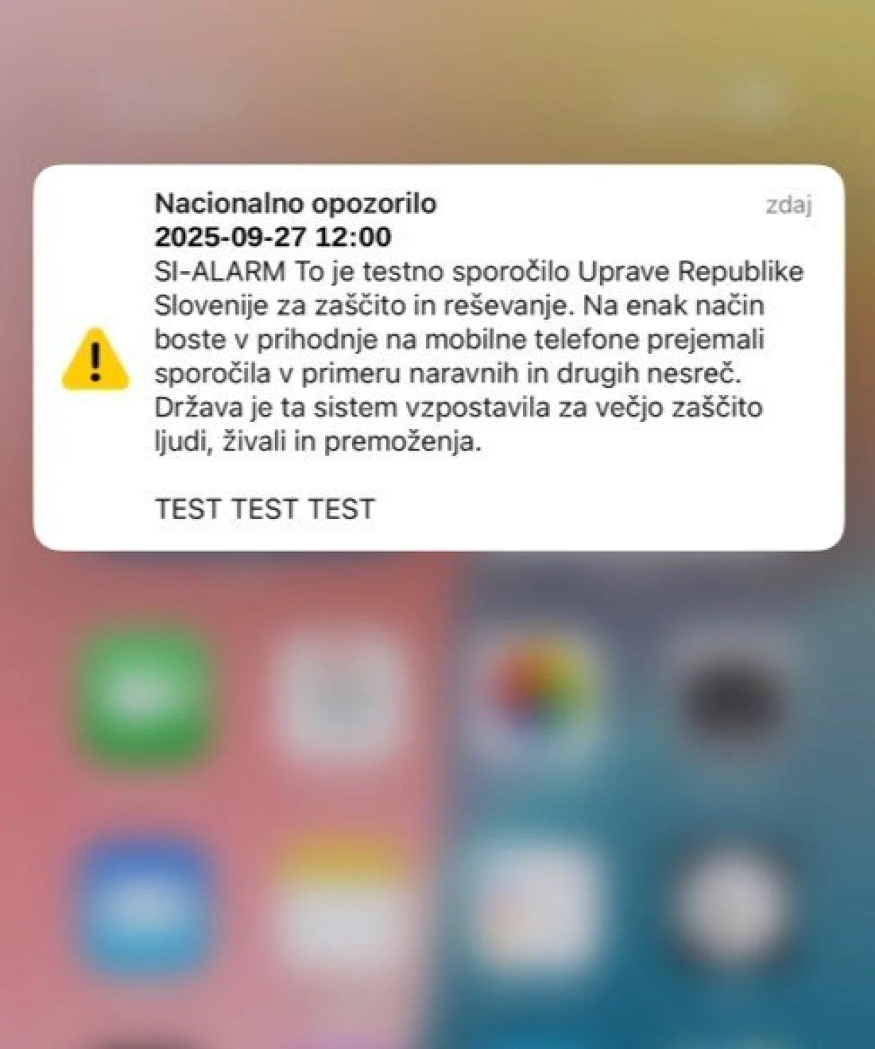 Poruka, test poruka u Sloveniji, upozorenje na vanredne situacije/
