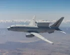 A Royal Australian Air Force E-7A Wedgetail soars over Southern California. Aircrews from the USAF, RAAF, and Royal Air Force worked together to rapidly certify the RAAF E-7A with the United States Air Force KC-46A. The trilateral test also allowed the United Kingdom and United States Air Force to gain early test experience ahead of their anticipated fielding of E-7 aircraft variants. (Air Force photo by Richard Gonzales)/Richard Gonzales