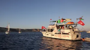 Boats, part of the Global Sumud Flotilla aiming to reach Gaza and break Israel's naval blockade, sail off Koufonisi islet, Greece, September 26, 2025. REUTERS/Stefanos Rapanis/Stefanos Rapanis