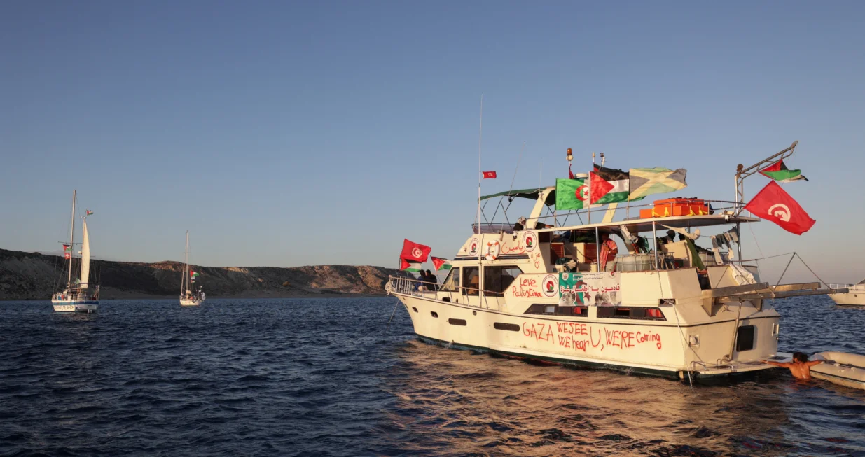 Boats, part of the Global Sumud Flotilla aiming to reach Gaza and break Israel's naval blockade, sail off Koufonisi islet, Greece, September 26, 2025. REUTERS/Stefanos Rapanis/Stefanos Rapanis