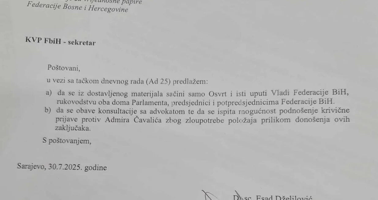 Pismo koje je Dželilović napisao i potpisao/