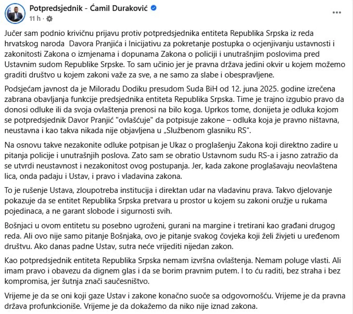 Objava Ćamila Durakovića/Printscreen/