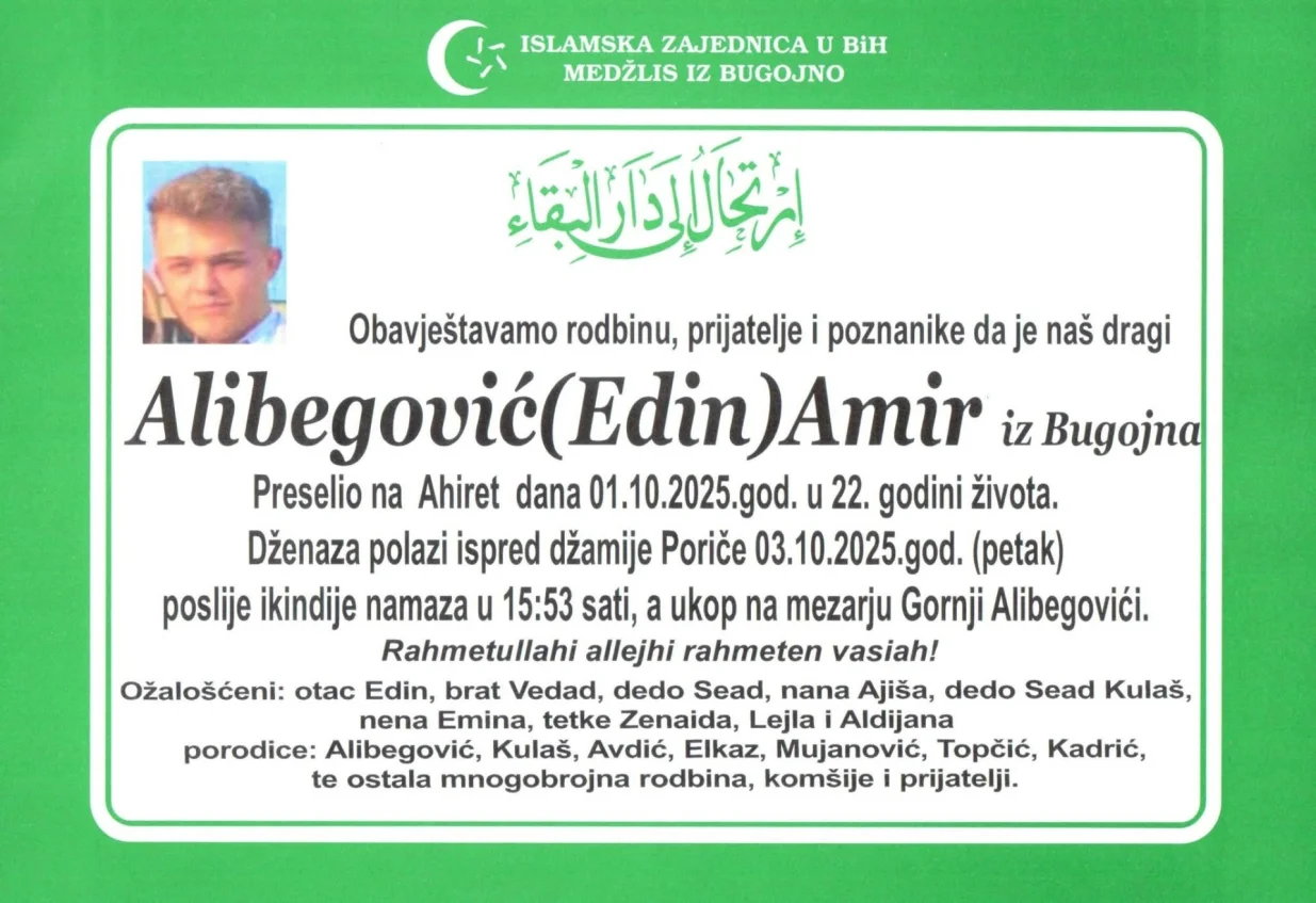 Amir Alibegović smrtovnica/