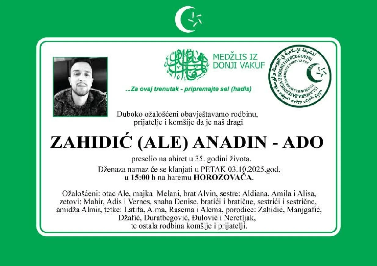 Anadin Ado Zahidić smrtovnica/