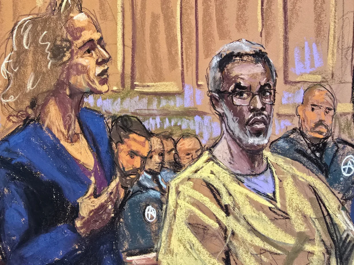 FILE PHOTO: Sean "Diddy" Combs listens as lawyer Alexandra Shapiro argues during a hearing over his bid to overturn his conviction on charges of transportation to engage in prostitution, at a courtroom in New York, U.S., September 25, 2025 in this courtroom sketch. REUTERS/Jane Rosenberg/File Photo/Jane Rosenberg