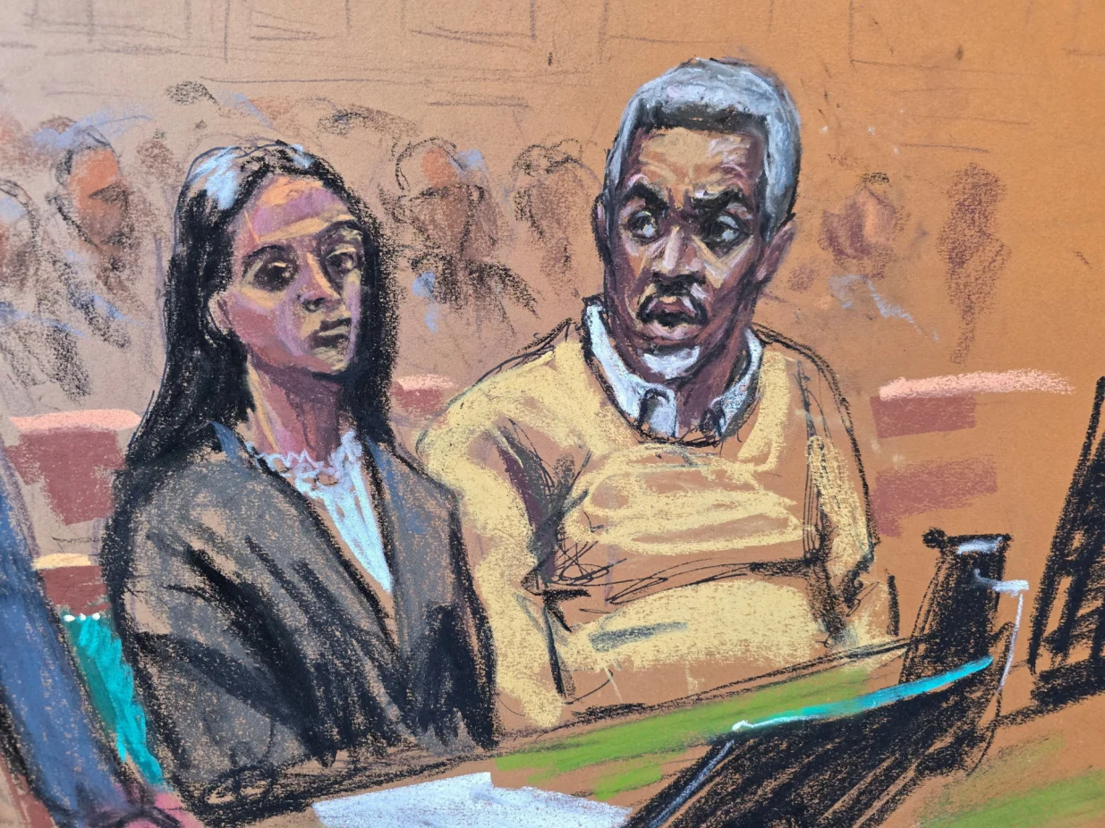 FILE PHOTO: Sean "Diddy" Combs, next to his lawyer Teny Geragos, reacts after learning he will not be released on bail, during his sex trafficking and racketeering conspiracy trial in New York City, New York, U.S., July 2, 2025 in this courtroom sketch. REUTERS/Jane Rosenberg/File Photo/Jane Rosenberg
