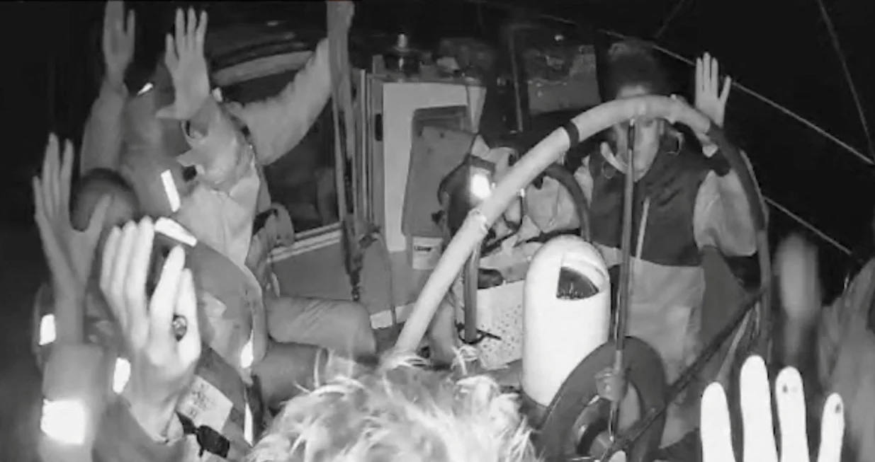 A screengrab from a live stream video shows crew of a Gaza-bound vessel, part of the Global Sumud Flotilla, raise their hands as they are surrounded by Israel Defense Forces, October 2, 2025. Global Sumud Flotilla/Handout via REUTERS THIS IMAGE HAS BEEN SUPPLIED BY A THIRD PARTY. MANDATORY CREDIT. NO RESALES. NO ARCHIVES./Global Sumud Flotilla