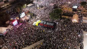 A drone view of families of hostages and their supporters protesting ahead of the two-year anniversary of the deadly October 7, 2023 attack on Israel by Hamas, demanding the immediate release of all hostages and the end of the war in Gaza, in Tel Aviv, Israel, October 4, 2025. REUTERS/Rei Ash/Rei Ash