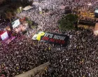 A drone view of families of hostages and their supporters protesting ahead of the two-year anniversary of the deadly October 7, 2023 attack on Israel by Hamas, demanding the immediate release of all hostages and the end of the war in Gaza, in Tel Aviv, Israel, October 4, 2025. REUTERS/Rei Ash/Rei Ash